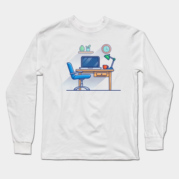 Work Bench, Desk, Laptop, Lamp, Plant, Cup, Clock And Floating Shelves Cartoon Long Sleeve T-Shirt by Catalyst Labs